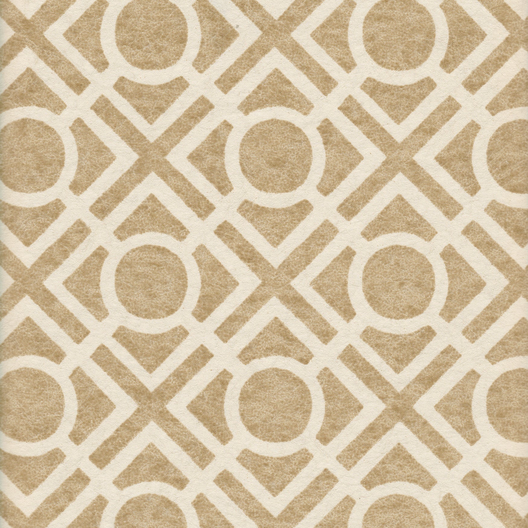 Detail of wallpaper in a geometric lattice print in light brown on a cream field.