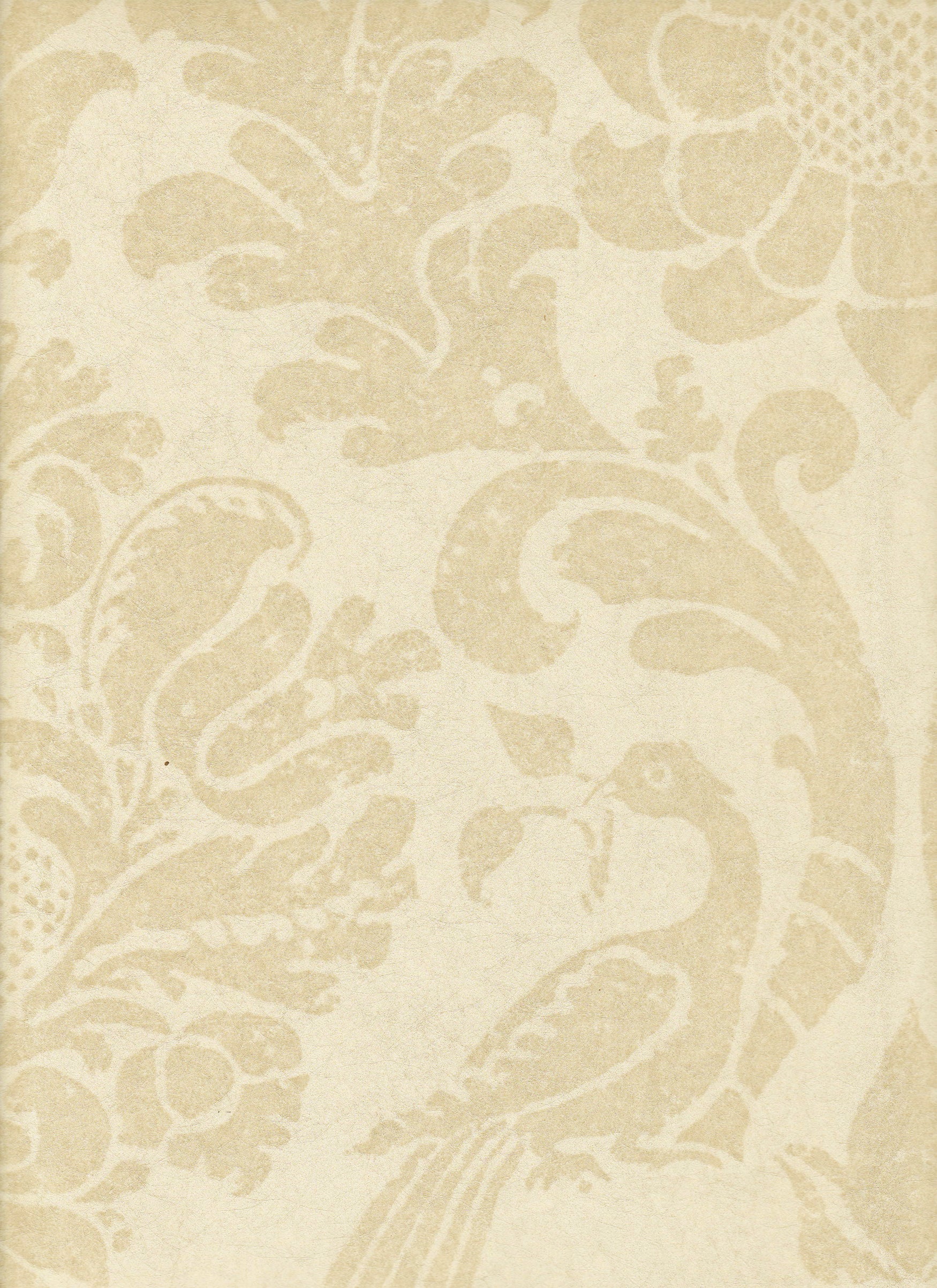 Detail of wallpaper in a botanical and bird print in tan on a cream field.