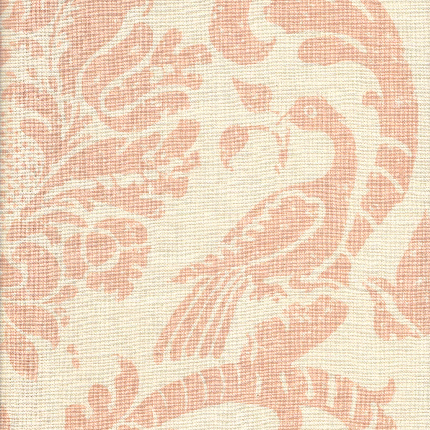 Detail of fabric in a botanical and bird print in light pink on a cream field.