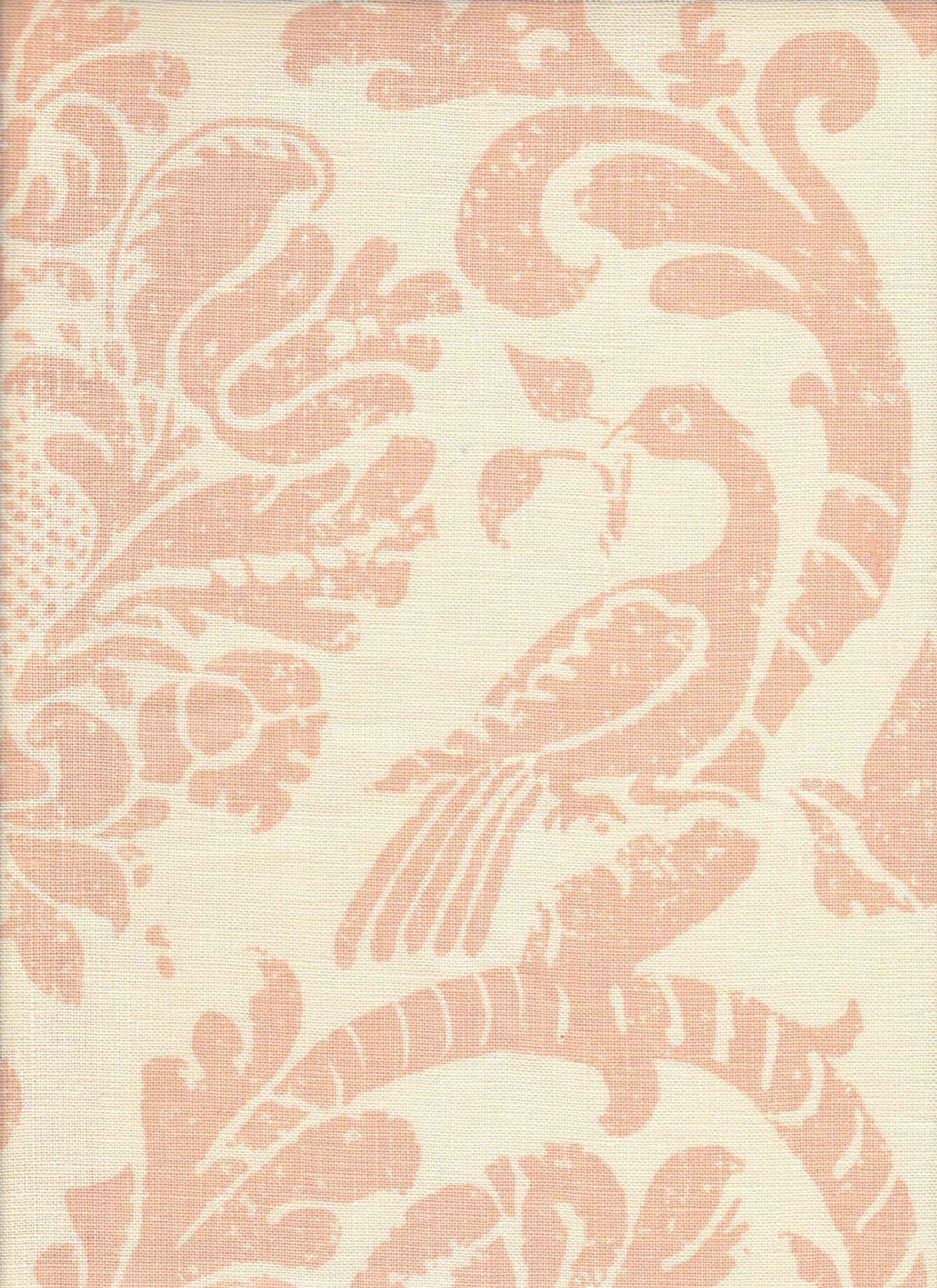 Detail of fabric in a botanical and bird print in light pink on a cream field.