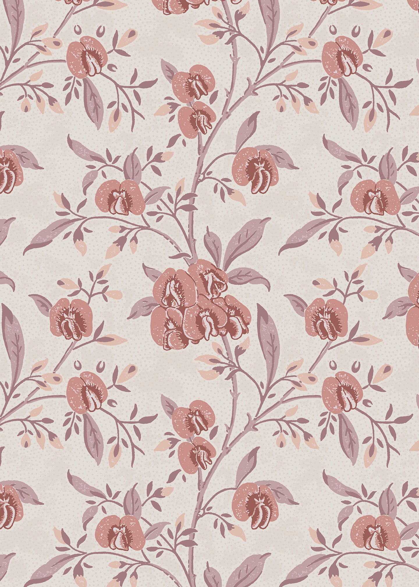 Wallpaper in a floral pattern with pink and purple flowers on a light background
