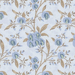 Wallpaper in a floral pattern with blue flowers and brown leaves on a light blue background