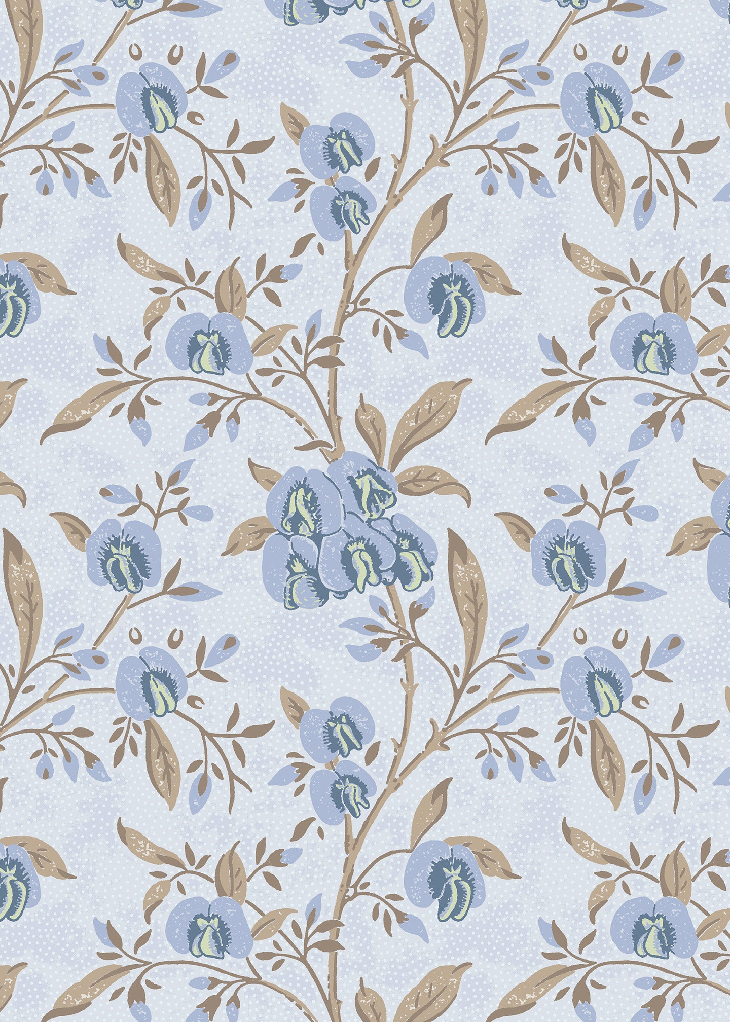 Wallpaper in a floral pattern with blue flowers and brown leaves on a light blue background
