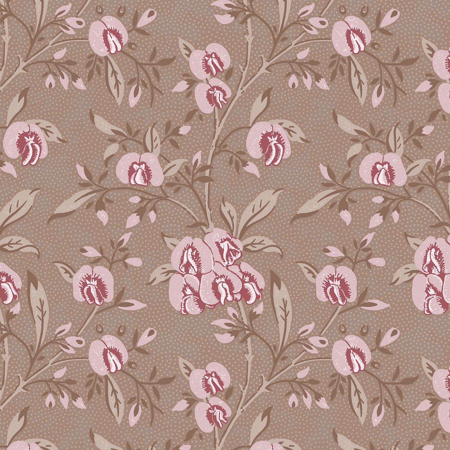 Wallpaper in a floral pattern with pink flowers on a brown background