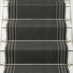 Striped flatweave runner in grey and black on white staircase