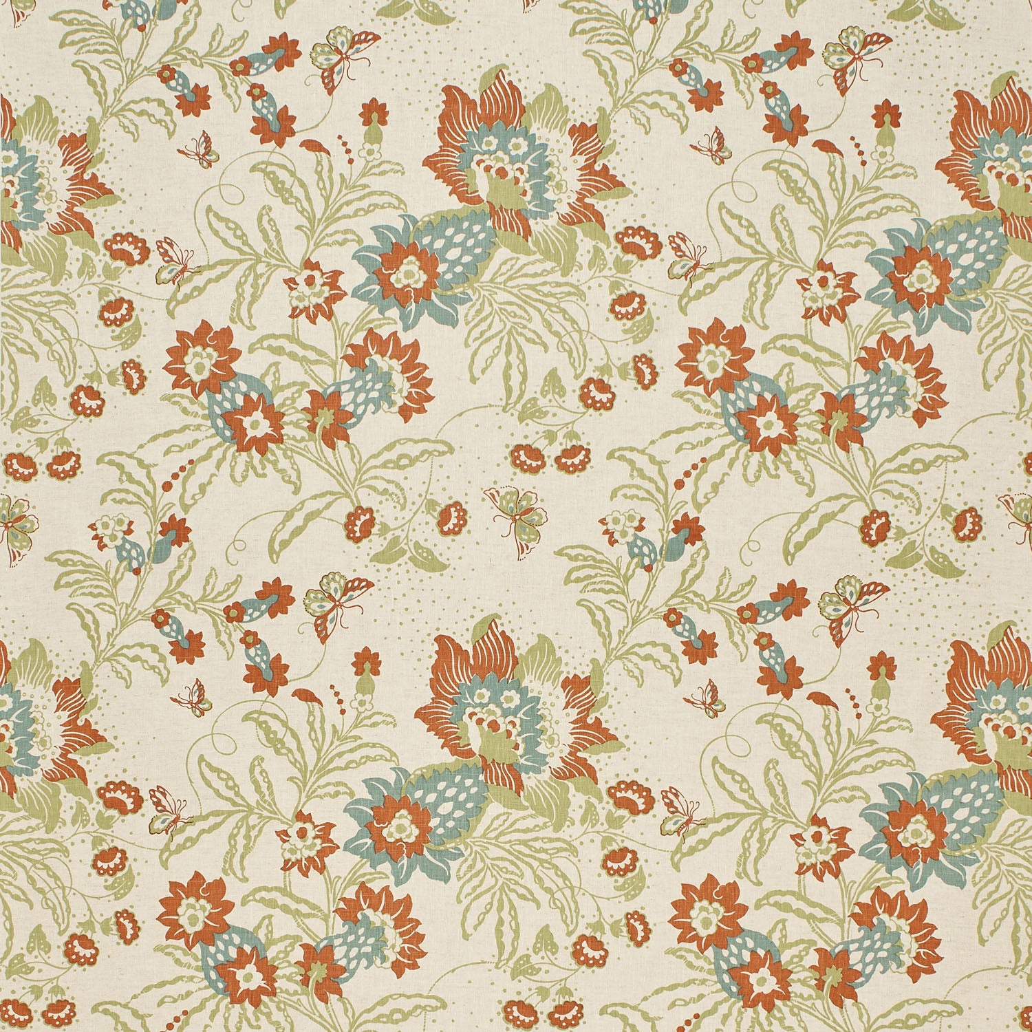 Printed fabric detail in a scrolling botanical print in sage green, turquroise and burnt orange. 