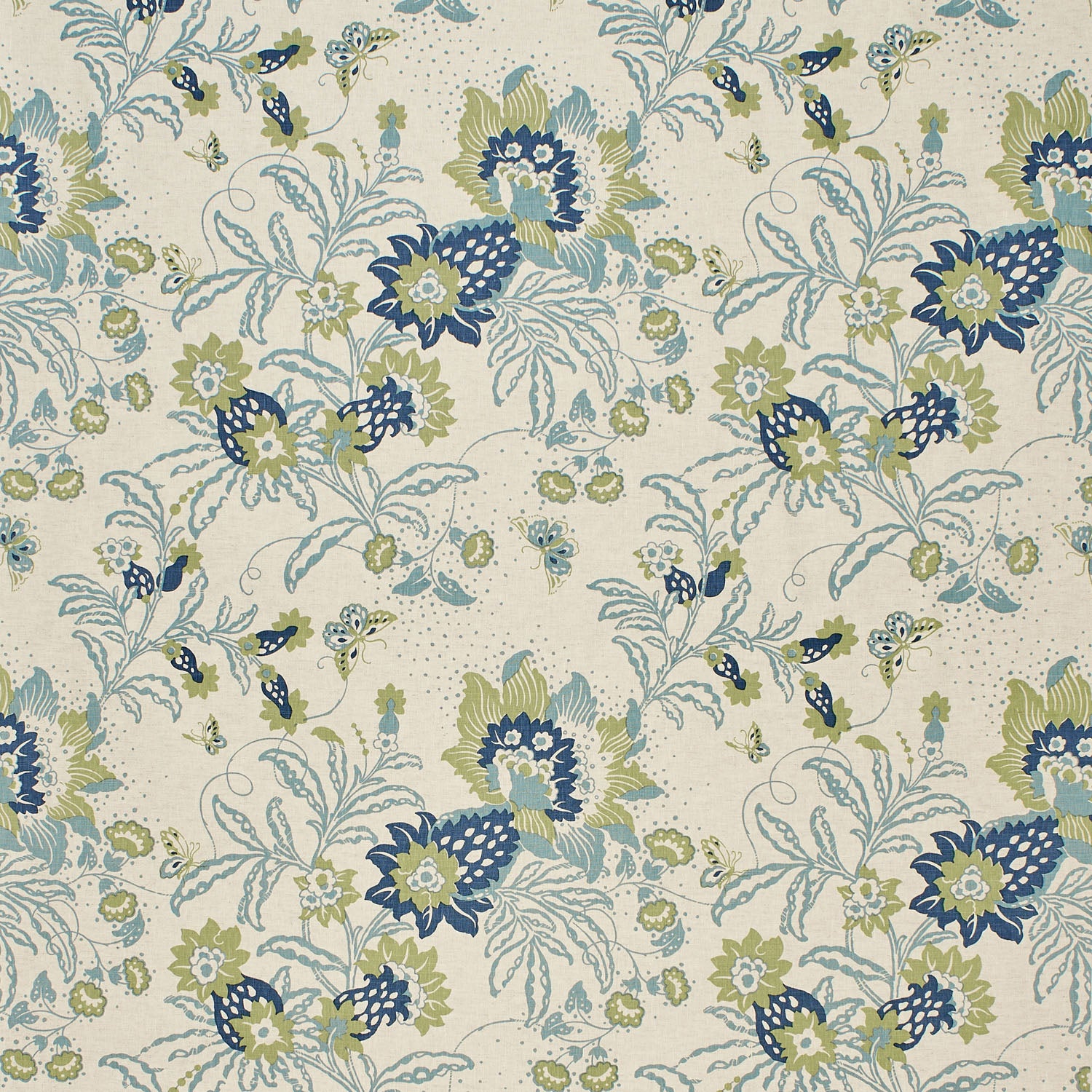 Printed fabric detail in a scrolling botanical print in bright blue, marine blue and light green. 