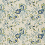 Printed Wallpaper detail in a scrolling botanical print in bright blue, marine blue and light green. 