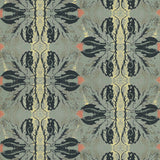 Detail of wallpaper in a textural botanical print in shades of navy, yellow and red on a turquoise field.