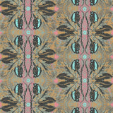 Detail of wallpaper in a textural botanical print in shades of navy, turquoise and pink on a mustard field.