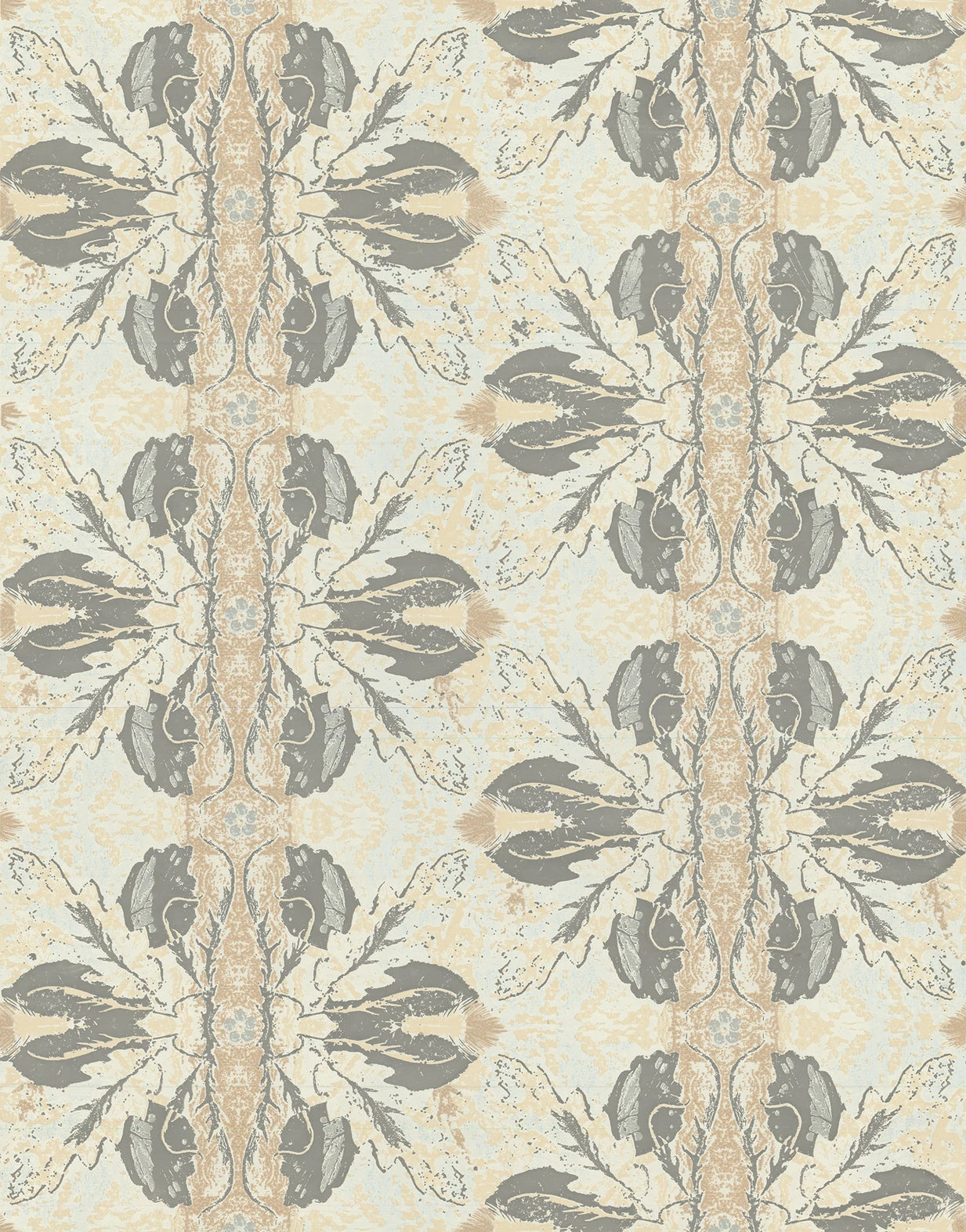 Detail of wallpaper in a textural botanical print in shades of gray and tan on a light yellow field.