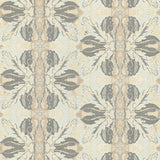 Detail of wallpaper in a textural botanical print in shades of gray and tan on a light yellow field.
