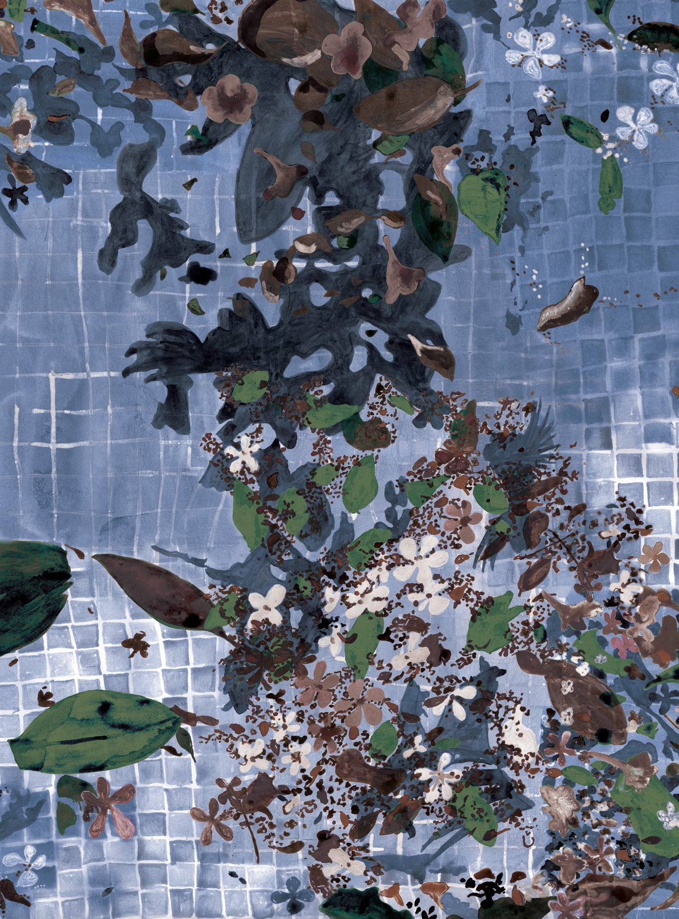 Floral pattern on a tiled design in blue, green, and brown.