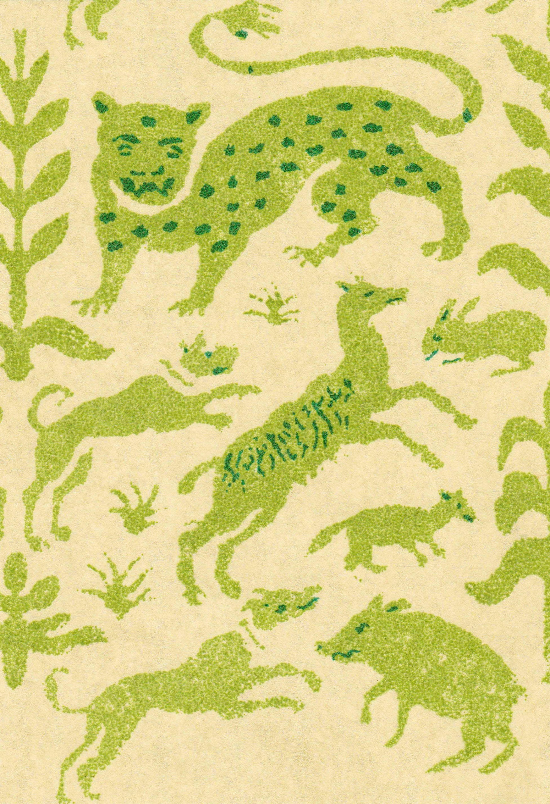 Detail of wallpaper in a playful animal and botanical print in green and blue on a cream field.