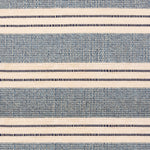 Broadloom carpet in a wide stripe in blue and cream with navy accent stripes. 