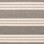 Broadloom carpet in a wide stripe in grey and cream with grey accent stripes. 
