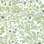 Printed performance fabric in a dense botanical pattern in green and teal. 