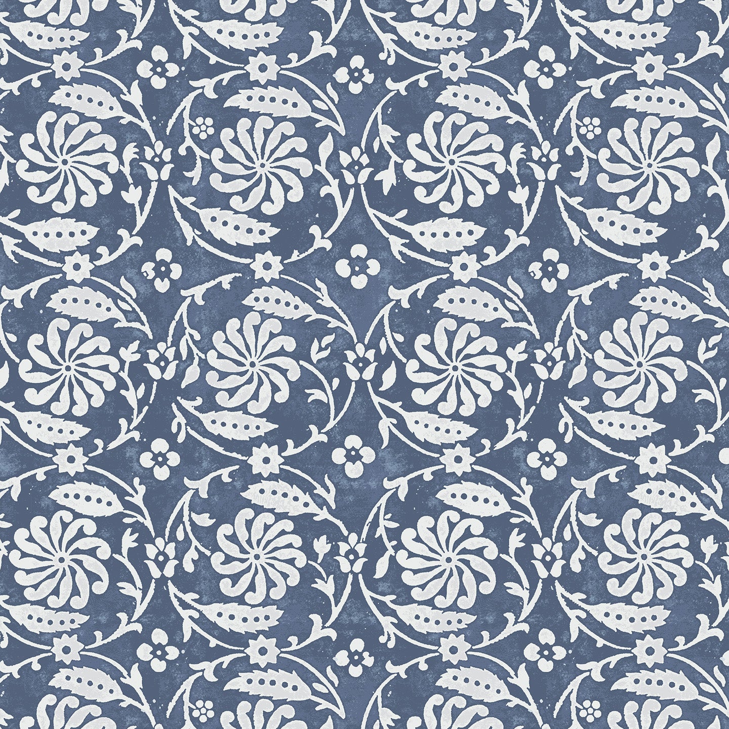 Wallpaper with white floral and leaf design on a navy blue background