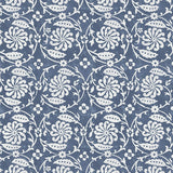 Wallpaper with white floral and leaf design on a navy blue background