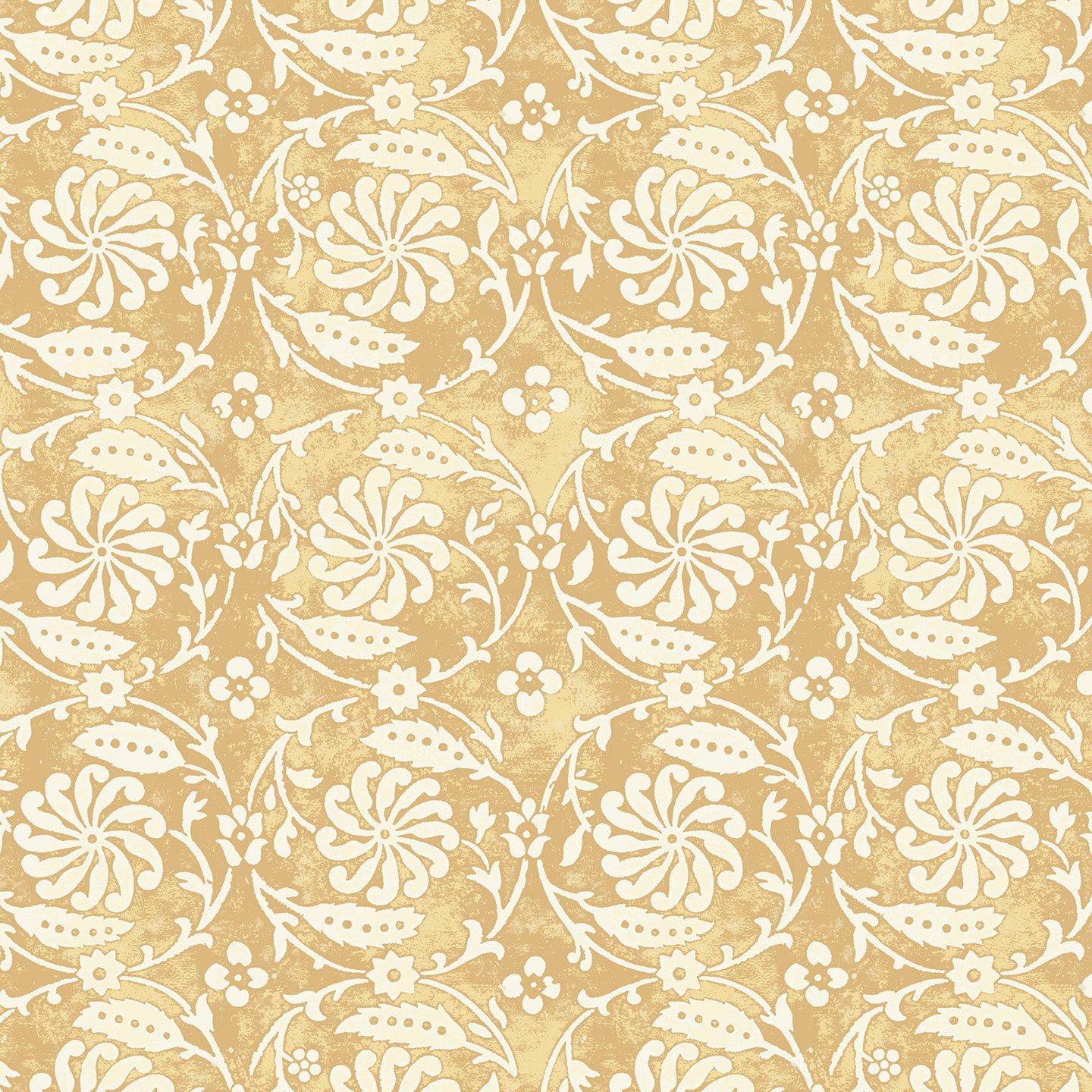 Wallpaper with white floral and leaf design on a yellow background