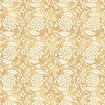 Wallpaper with white floral and leaf design on a yellow background