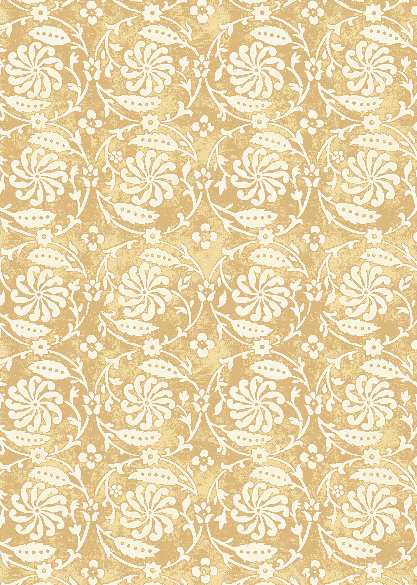 Wallpaper with white floral and leaf design on a yellow background