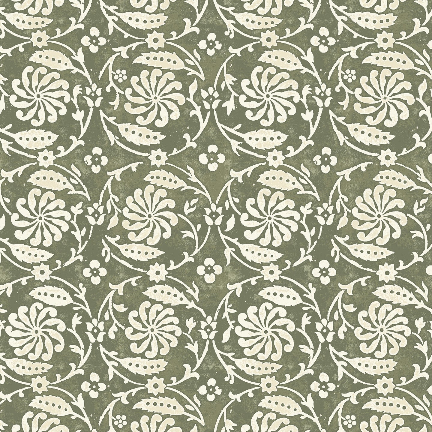 Wallpaper with white floral and leaf design on a olive green background