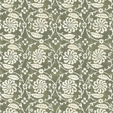 Wallpaper with white floral and leaf design on a olive green background