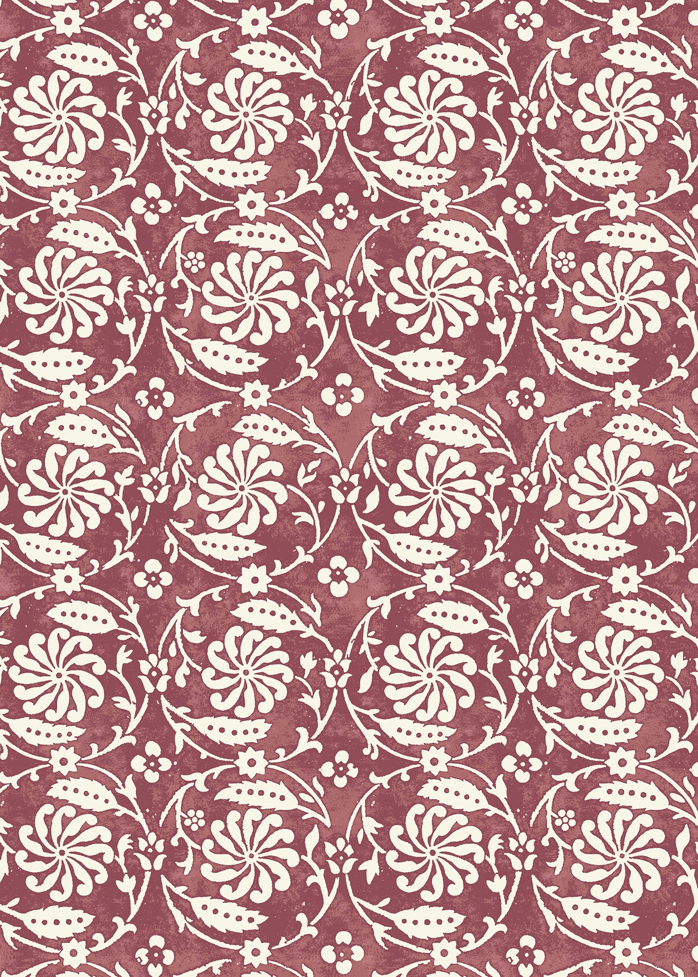 Wallpaper with white floral and leaf design on a wine-red background