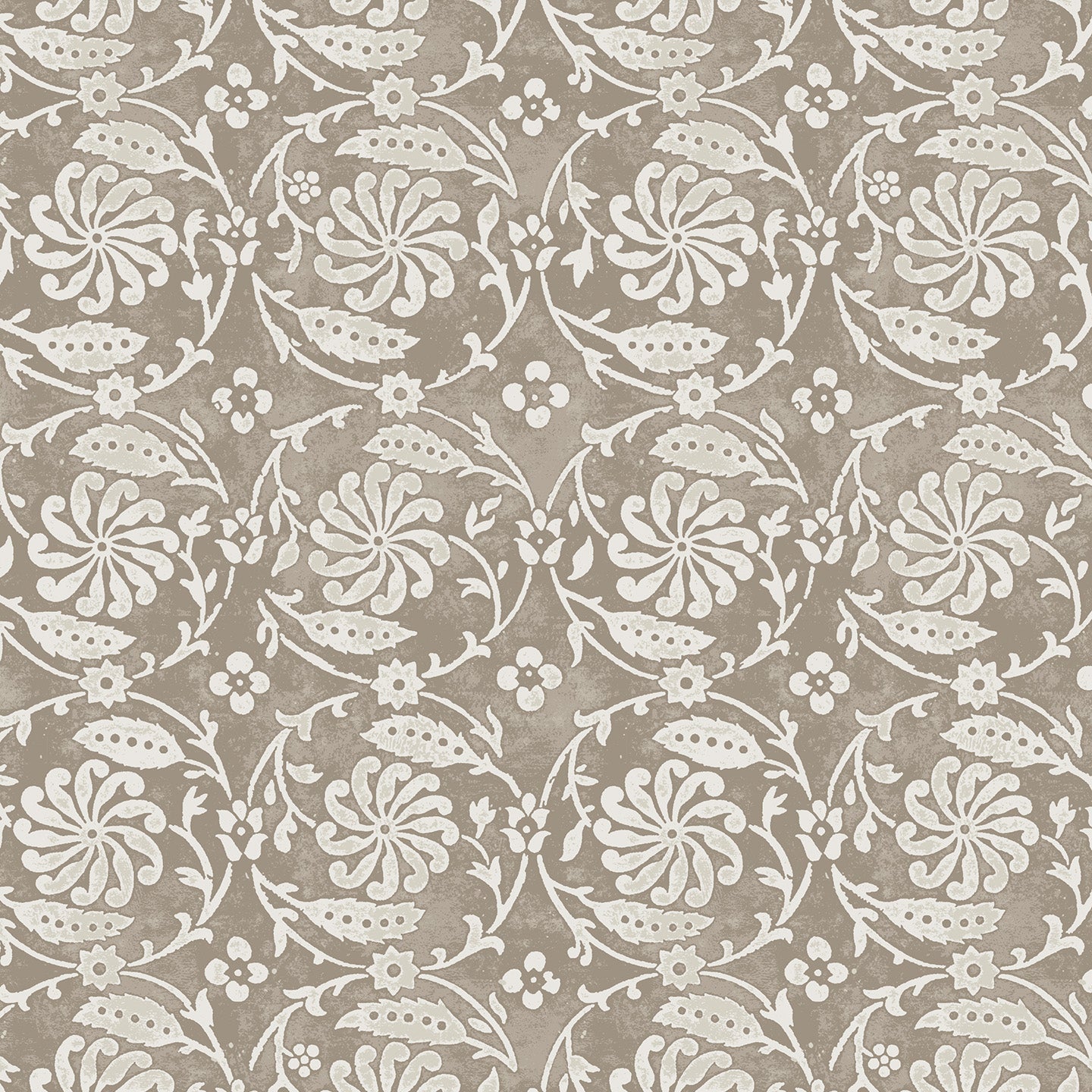 Wallpaper with white floral and leaf design on a dark taupe background