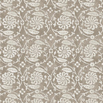 Wallpaper with white floral and leaf design on a dark taupe background
