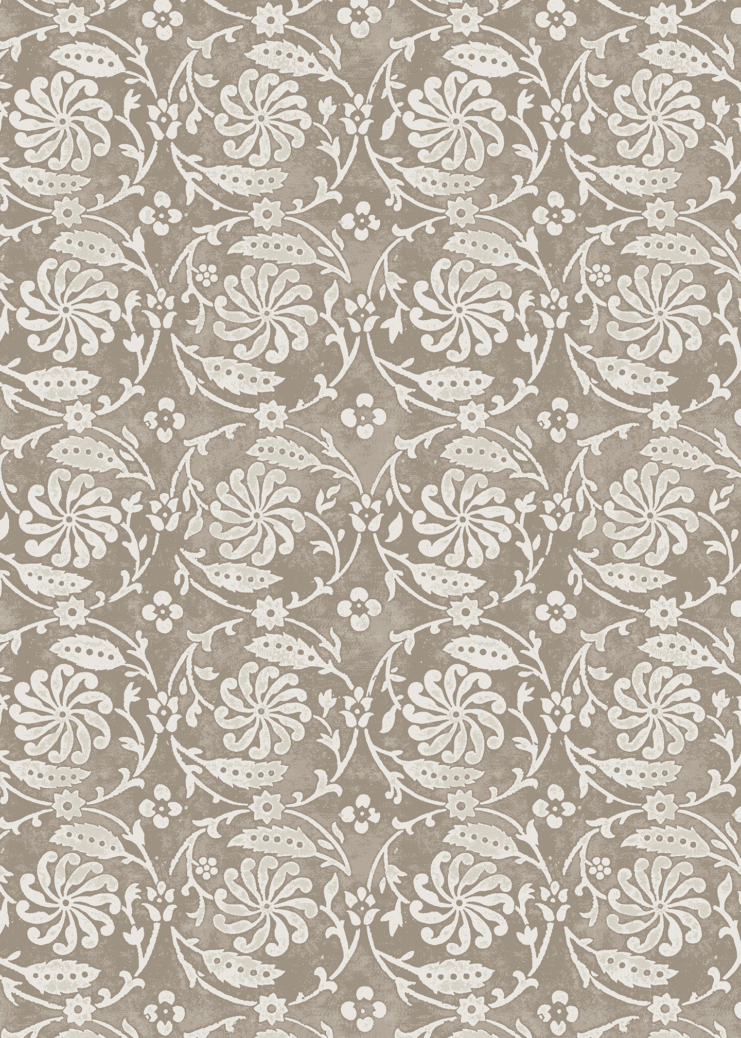 Wallpaper with white floral and leaf design on a dark taupe background