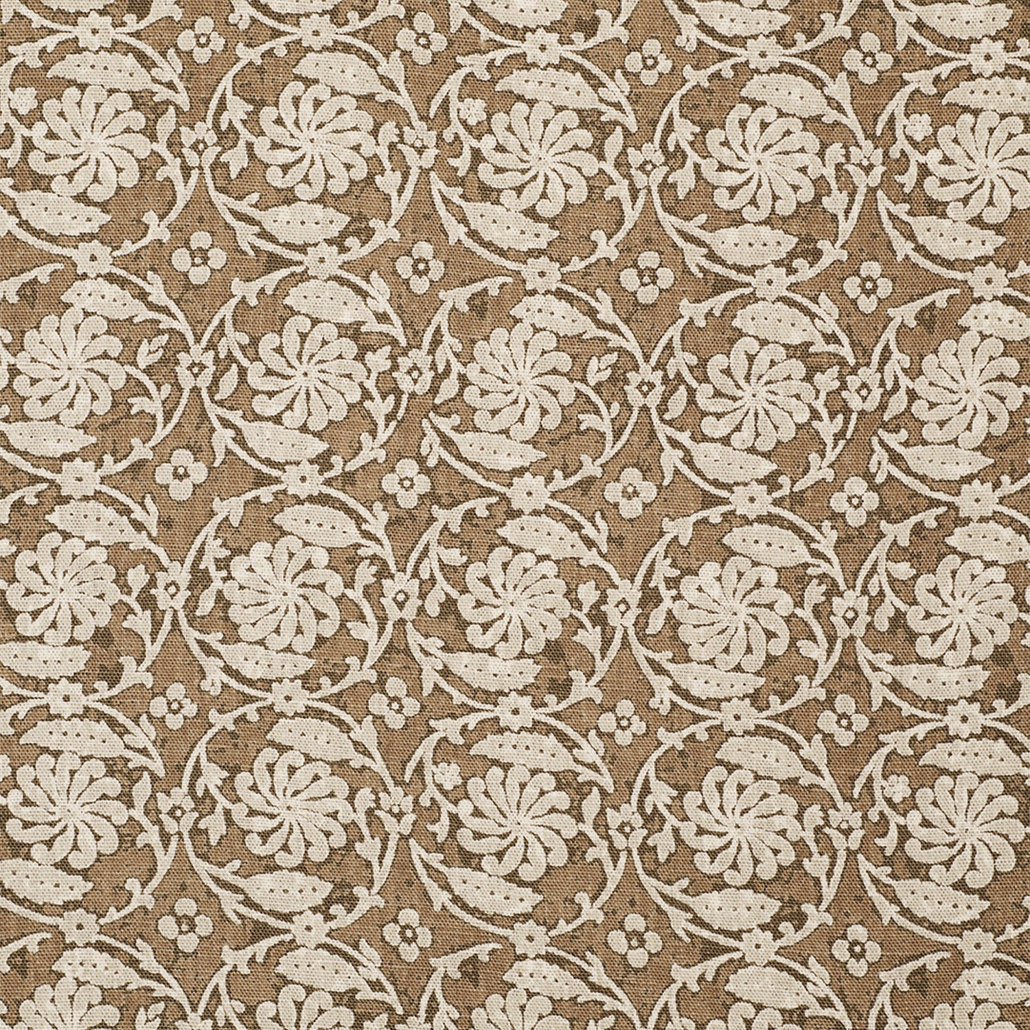 Patterned fabric with white floral design on a brown background