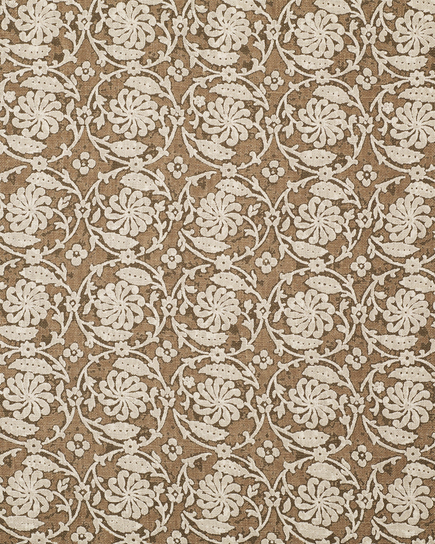 Patterned fabric with white floral design on a brown background