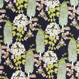 Detail of fabric in a dense floral print in pink, green and yellow on a navy field.