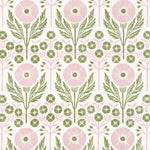 Printed linen in an arts and crafts style floral pattern in pink and green on white. 