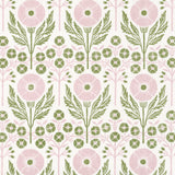 Printed linen in an arts and crafts style floral pattern in pink and green on white. 
