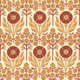 Printed linen in an arts and crafts style floral pattern in orange and red on cream