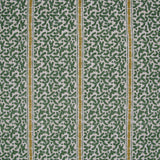 Printed fabric detail in a geometric rhythmic stripe in kelly green with a ochre yellow accent.