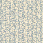 Printed linen in a wavy floral stripe design in light blue on white. 