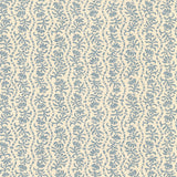 Printed linen in a wavy floral stripe design in light blue on white. 