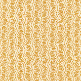 Printed linen in a wavy floral stripe design in yellow on cream.