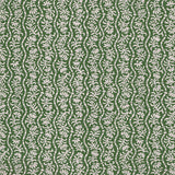 Printed linen in a wavy floral stripe design in green on white. 