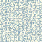 Wallpaper in a wavy floral stripe design in light blue on white. 