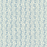 Wallpaper in a wavy floral stripe design in light blue on white. 