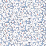 Detail of fabric in a painterly floral print in white, red and black on a light blue field.