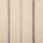 Broadloom carpet in a neutral with widely spaced stripes in shades of blue.