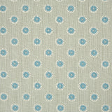 Detail of fabric in a playful dot print in blue and white on a gray field.