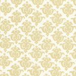 Detail of fabric in a repeating damask print in tan and cream on a white field.