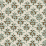Detail of fabric in a repeating damask print in blue and brown on a cream field.